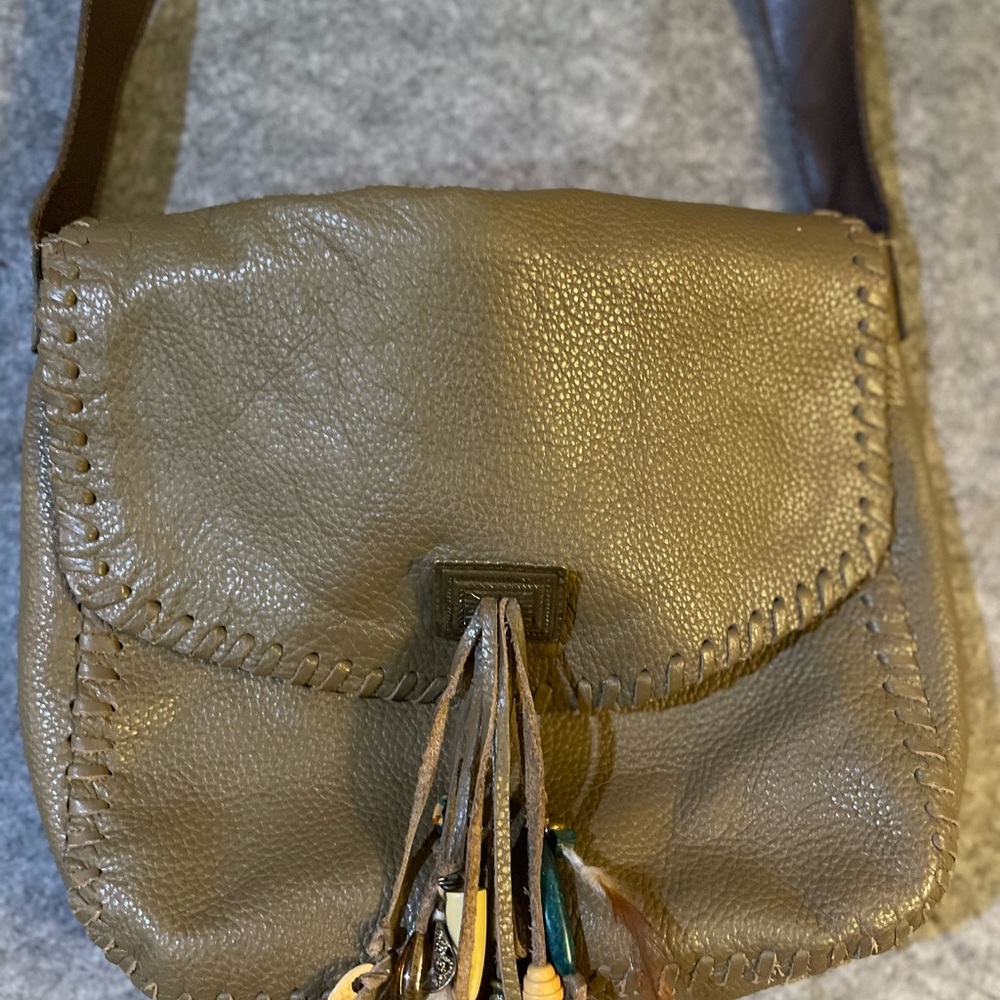 Baxmann Brown Leather Crossbody Bag | Boho Whipstitch Feather Tassel